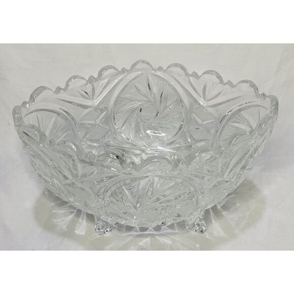 Vintage Candy Holder Sawtooth Crystal 7" Oval Diamond Cut Pinwheel Glass W/ Feet - Picture 2 of 8